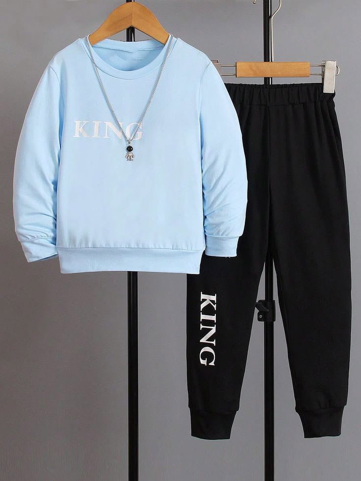 FABOZA boys KING printed sky blue sweatshirt and black jogger set