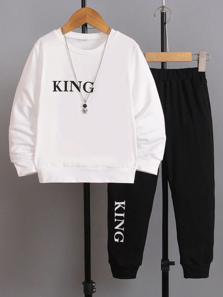 FABOZA boys KING printed white sweatshirt and black jogger set