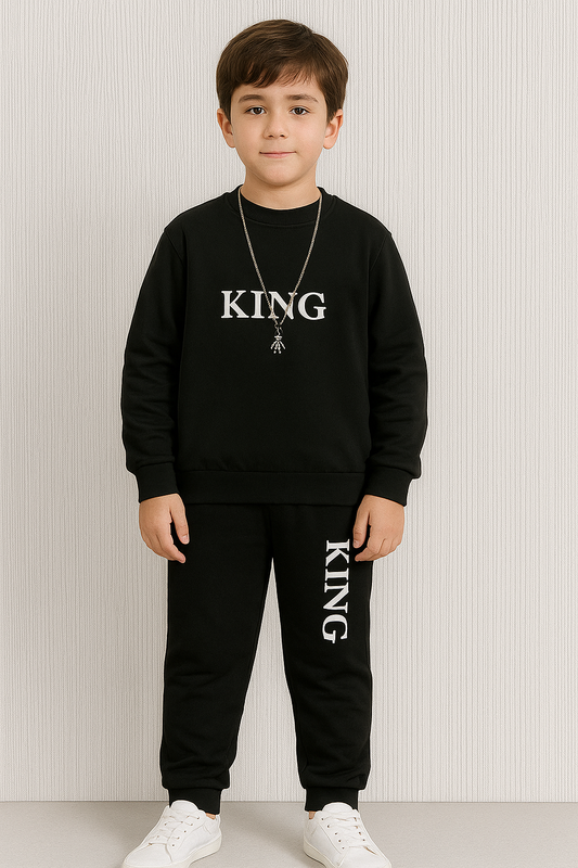 King Printed Top Bottom Cargo Set for Boys- Black+Black
