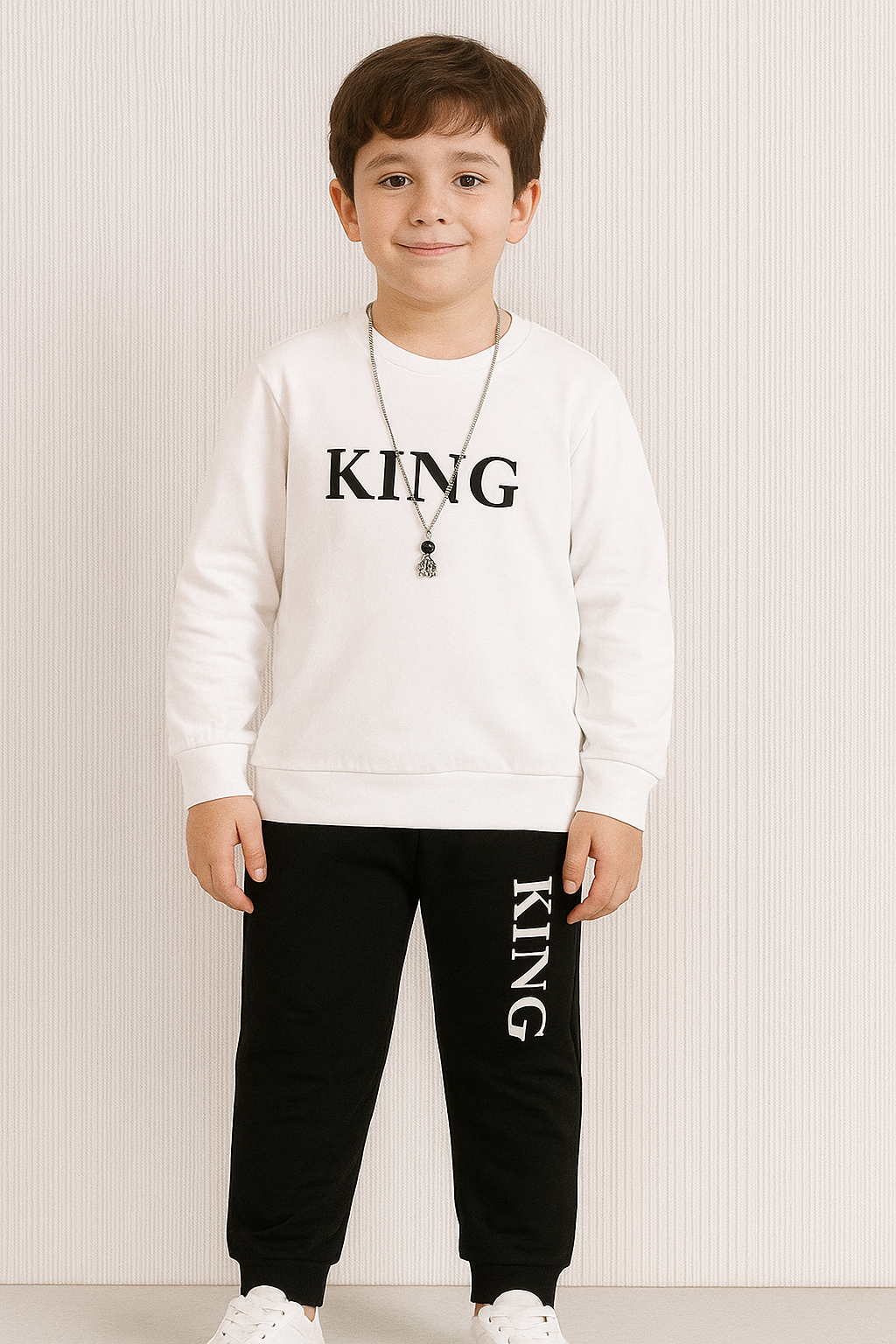 King Printed Top Bottom Cargo Set for Boys- White+Black