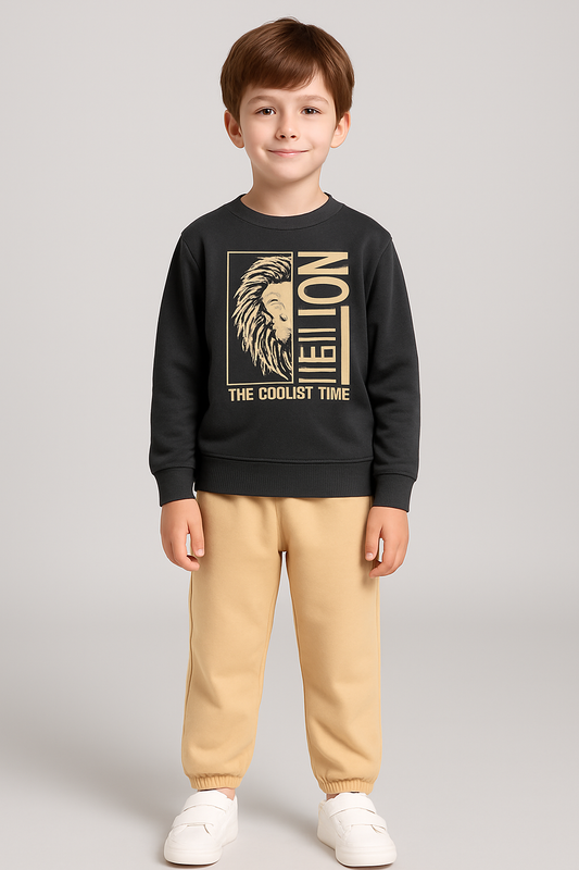 LION Printed Full Sleeve Black T-shirt With Cream Bottom Set For Boys & Girls