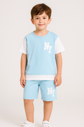 NY Printed SkyBlue & White Top Bottom Set For Boys & Girls