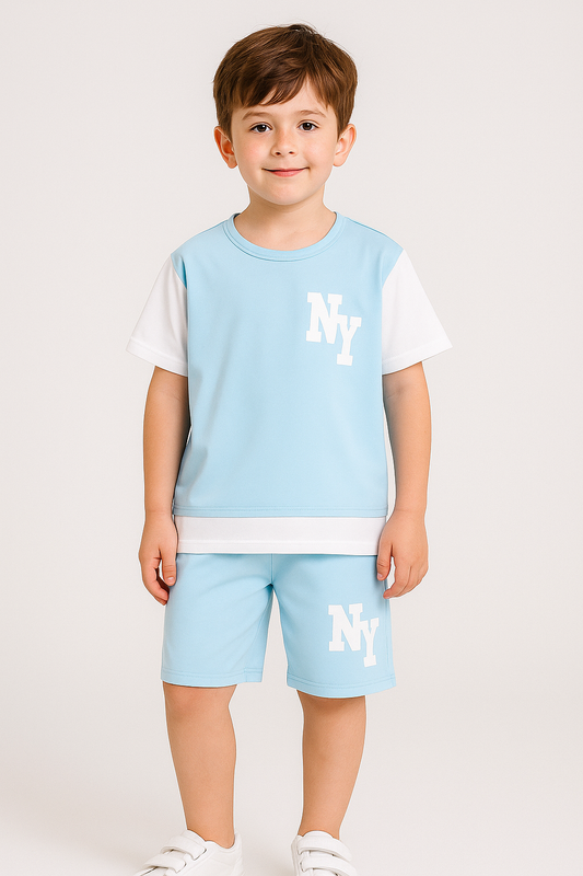 NY Printed SkyBlue & White Top Bottom Set For Boys & Girls