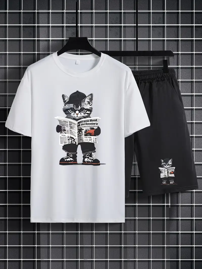 Boys Cat Book  Printed Top And Bottom Set White And Black