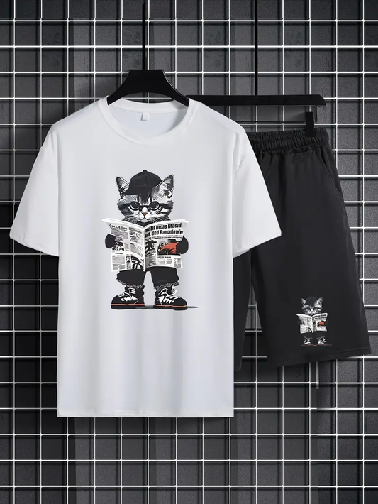 Boys Cat Book  Printed Top And Bottom Set White And Black