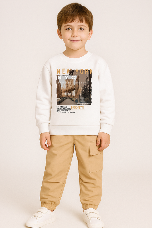 New York Printed White Full Sleeve & Cargo For Boys