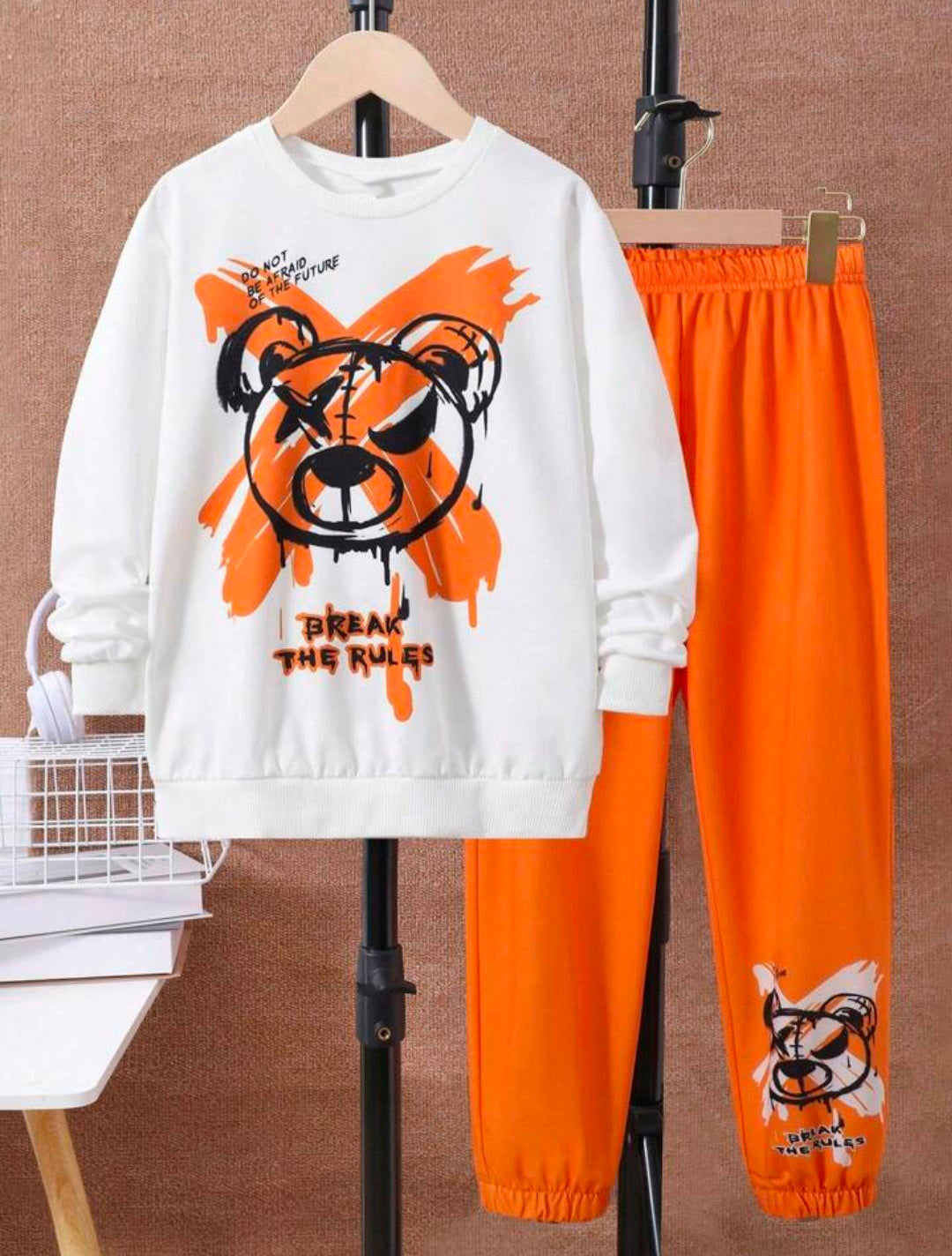 Boys Break The Rule Printed Top And Bottom Set White And Orange