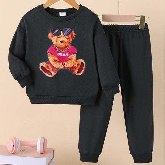 Boys Red Bear Printed Top And Bottom Set Full Black