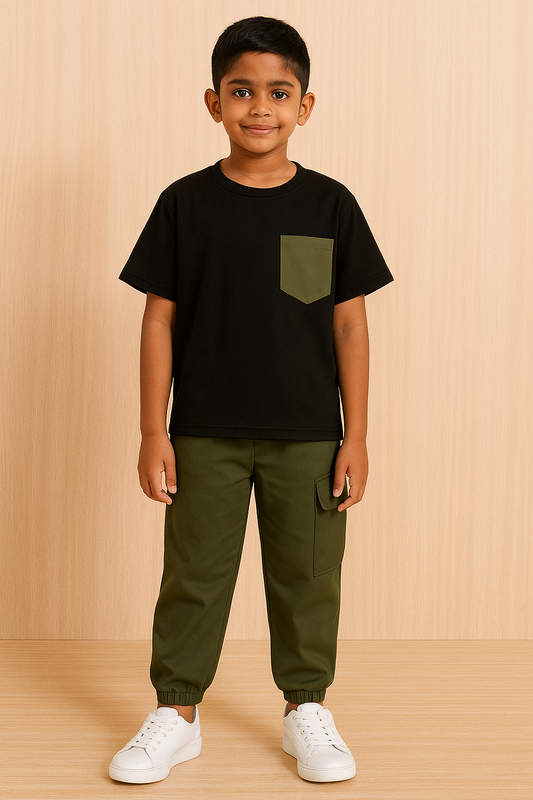 Black Half Sleeve T-shirt with Mahendi Cargo for Boys