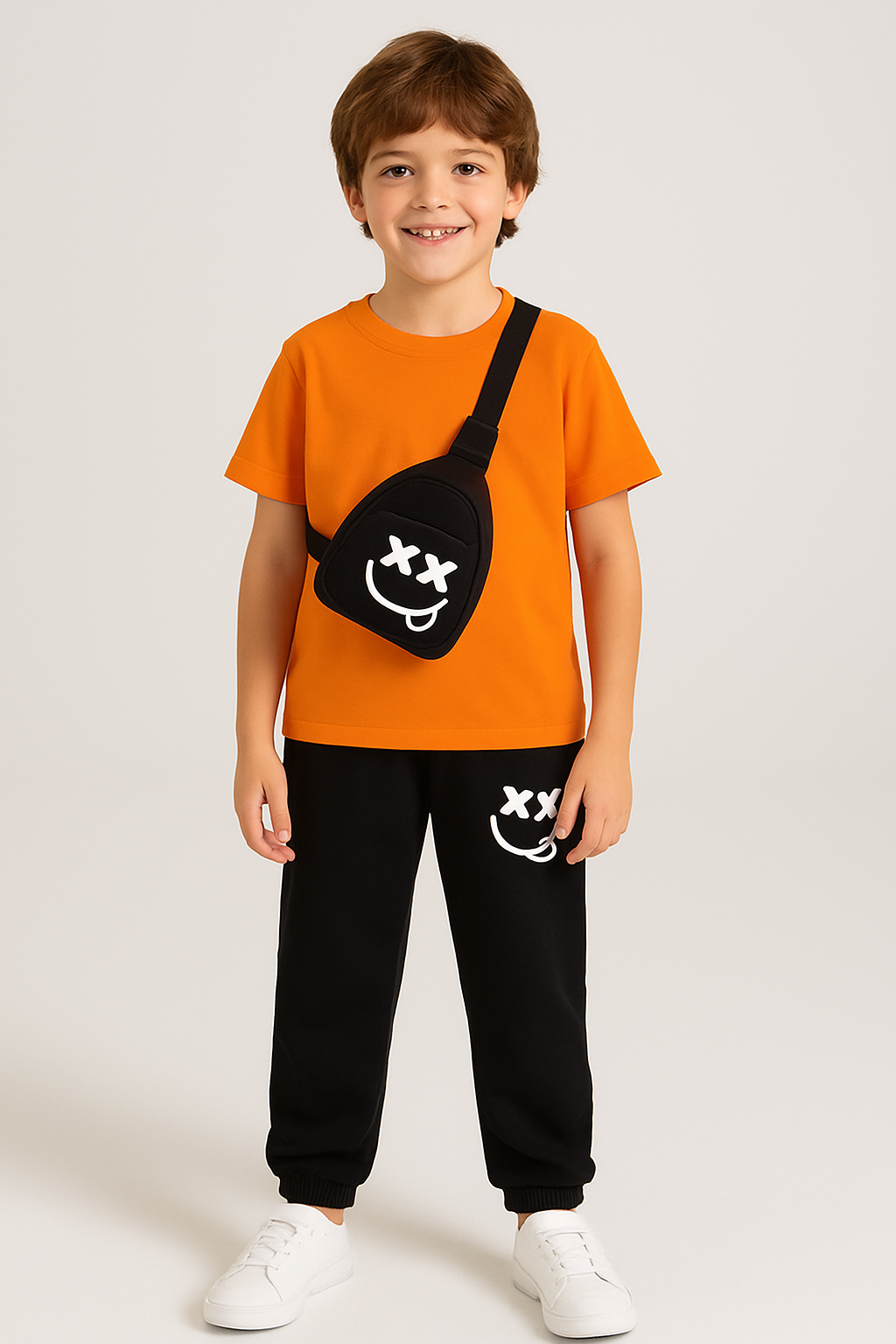 Boys Smile Printed  Top And Bottom Set Orange+Black