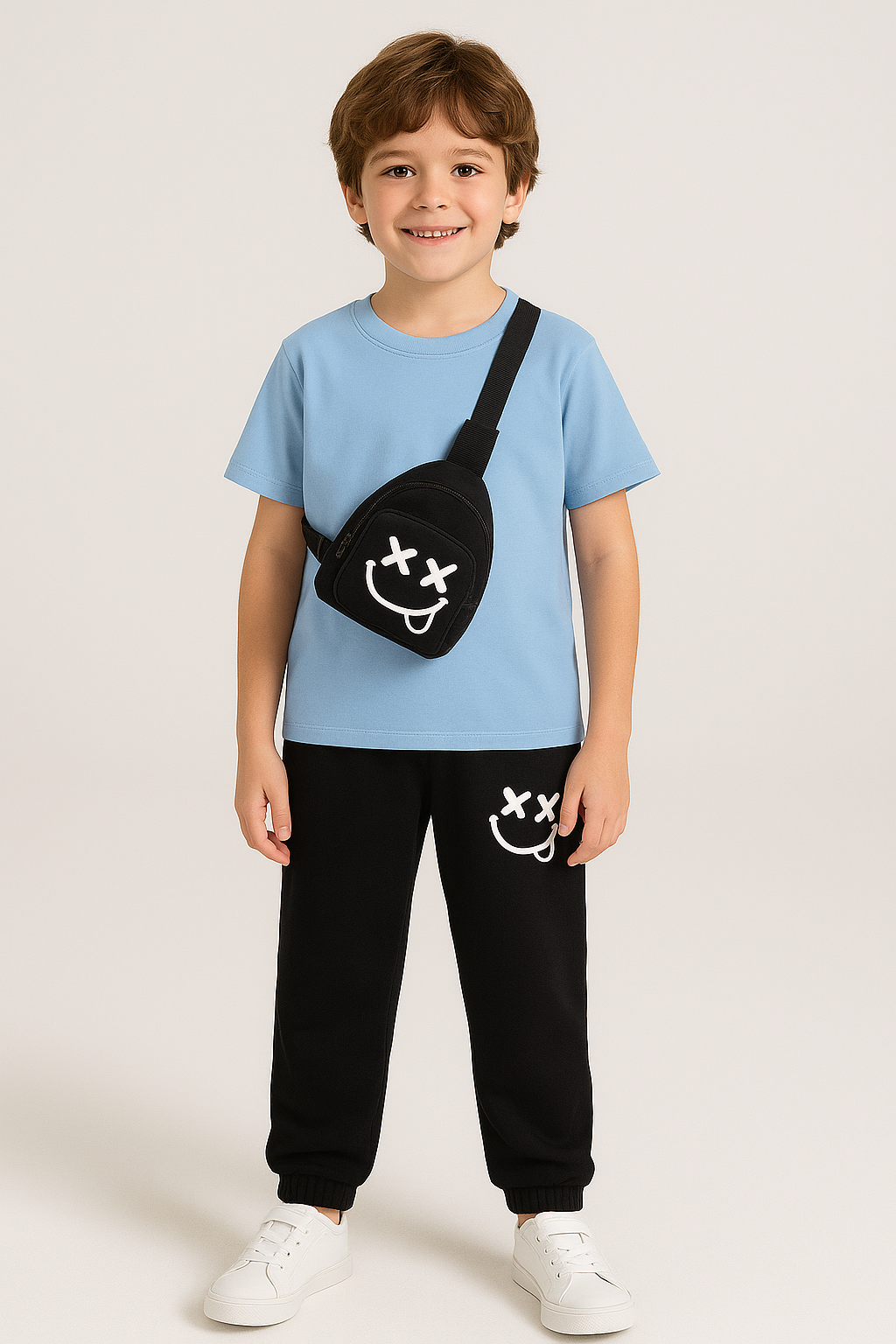 Boys Smile Printed  Top And Bottom Set Sky Blue+Black