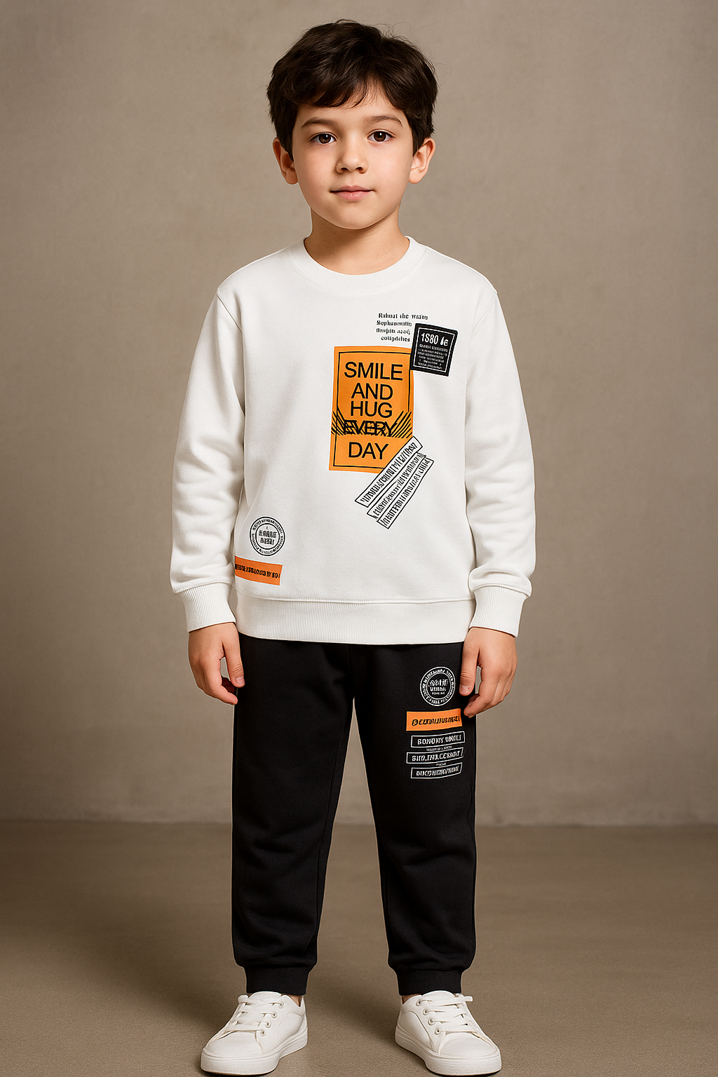 Smile And Hug Every Day Printed Top Bottom Cargo Set for Boys- White+Black