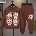 FABOZA girls cute cat printed sweatshirt and jogger set Brown front view