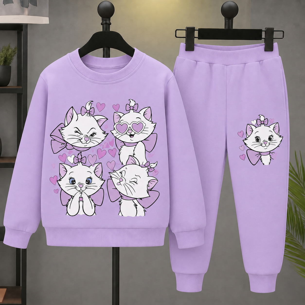 FABOZA girls cute cat printed sweatshirt and jogger set Purple front view